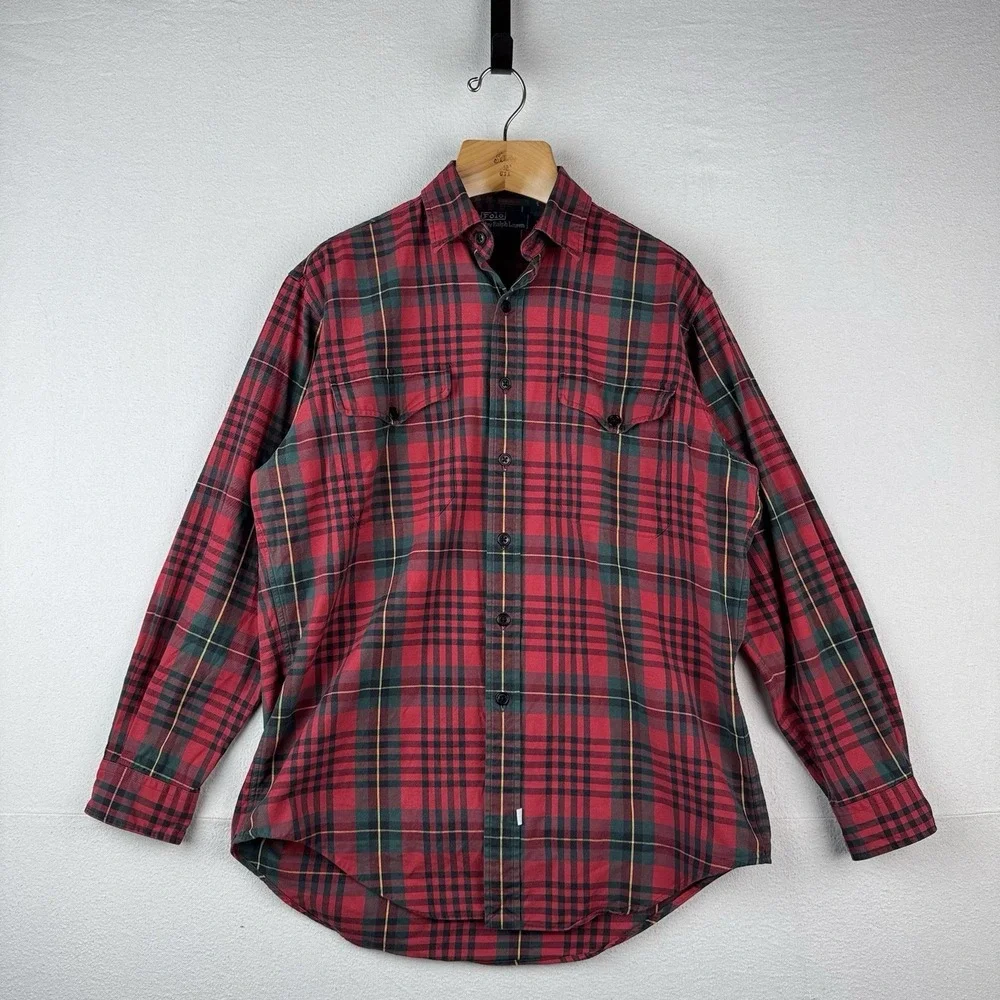 90's Vtg Polo Ralph Lauren Tartan Plaid Wool Blend Flannel Shirt Men's M Red